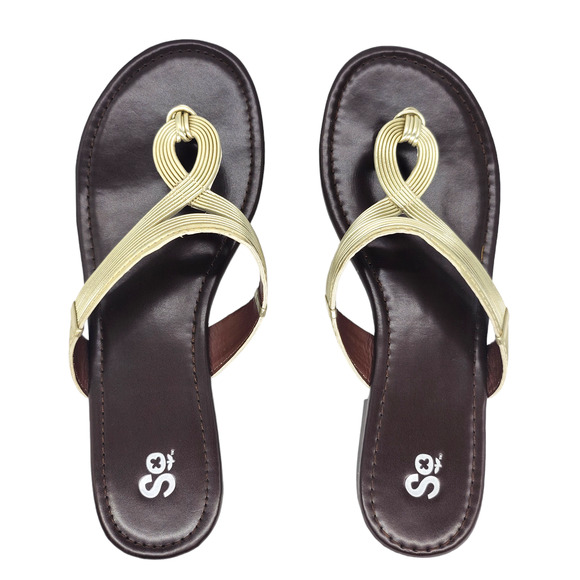 SO Sandals Womens 8 Gold Brown Strappy Summer Rubber Comfy Dressy Thong Flat - Picture 1 of 11
